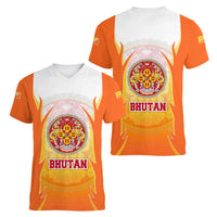 Bhutan Mandala Emblem Women V-Neck T-Shirt with Monastic Orange and Spiritual Harmony