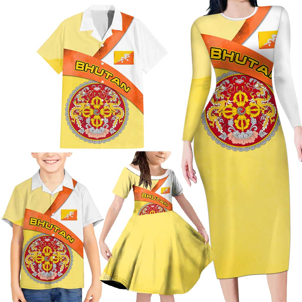 Bhutan Mandala Heritage Family Matching Long Sleeve Bodycon Dress and Hawaiian Shirt with National Flag Colors