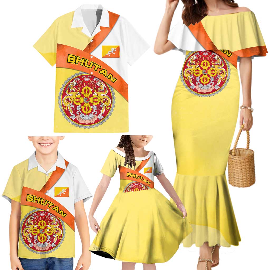 Bhutan Mandala Heritage Family Matching Mermaid Dress and Hawaiian Shirt with National Flag Colors