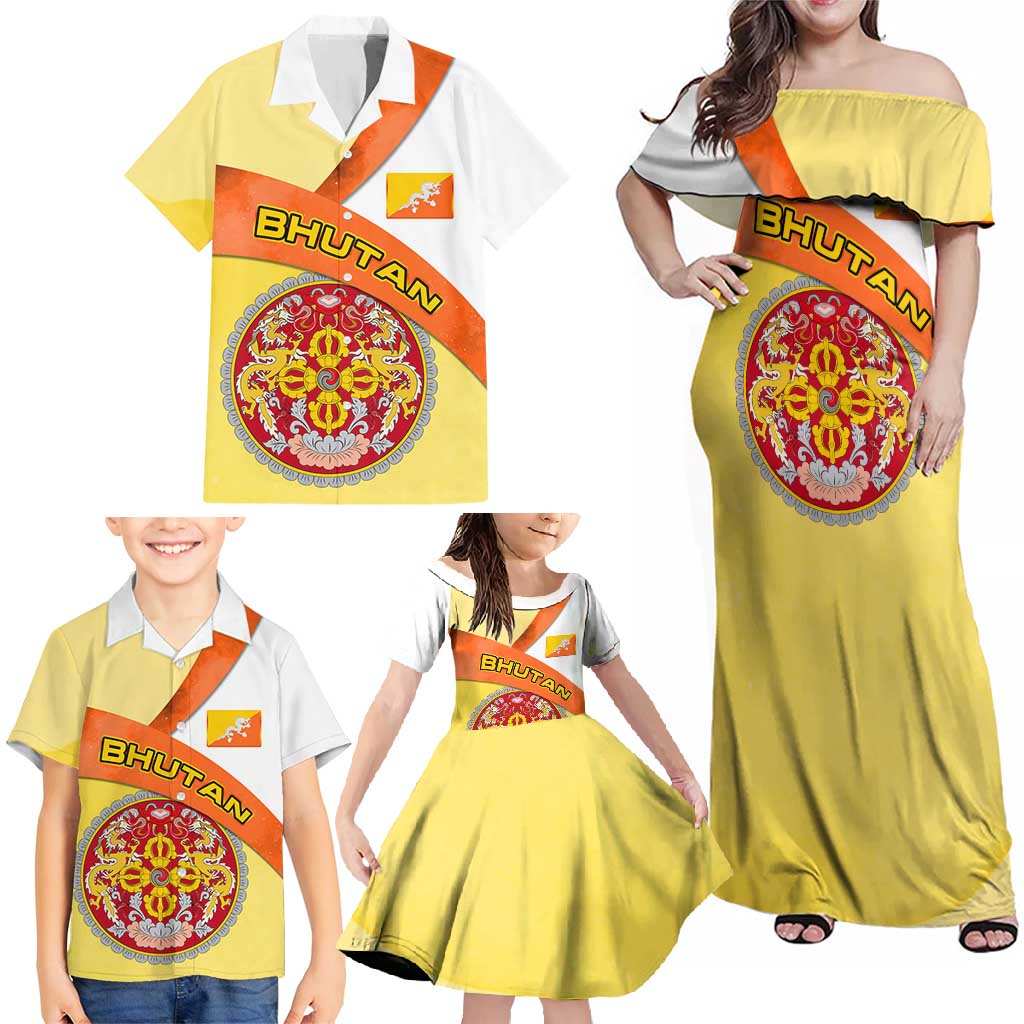 Bhutan Mandala Heritage Family Matching Off Shoulder Maxi Dress and Hawaiian Shirt with National Flag Colors