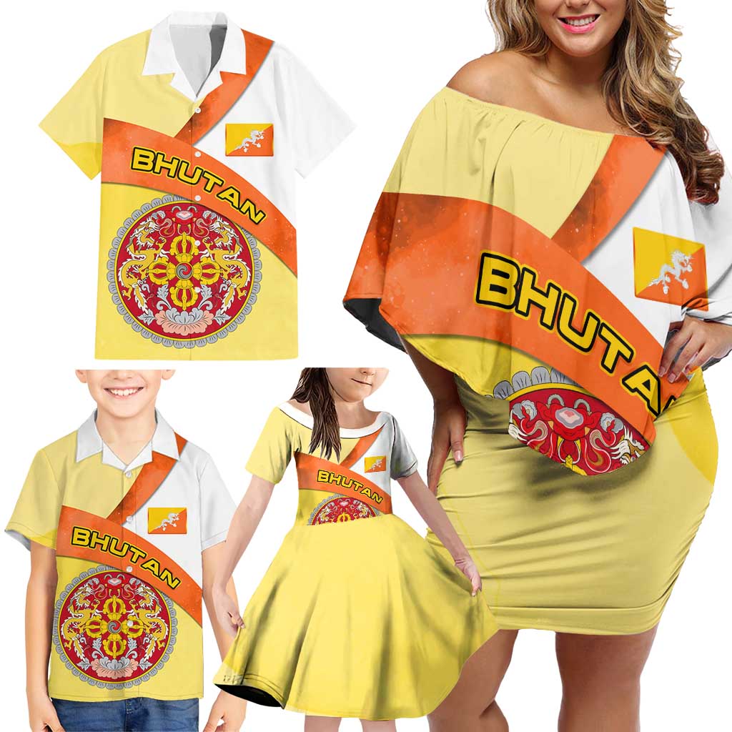 Bhutan Mandala Heritage Family Matching Off Shoulder Short Dress and Hawaiian Shirt with National Flag Colors