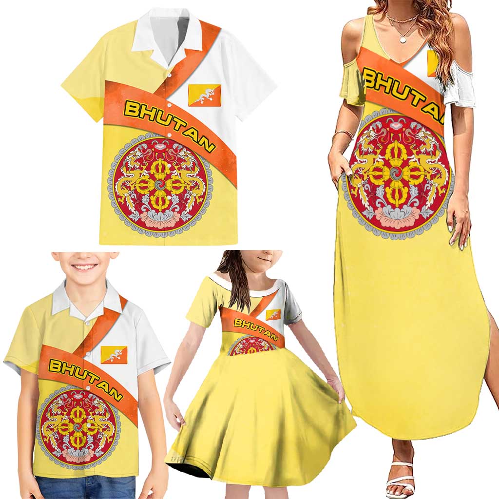 Bhutan Mandala Heritage Family Matching Summer Maxi Dress and Hawaiian Shirt with National Flag Colors