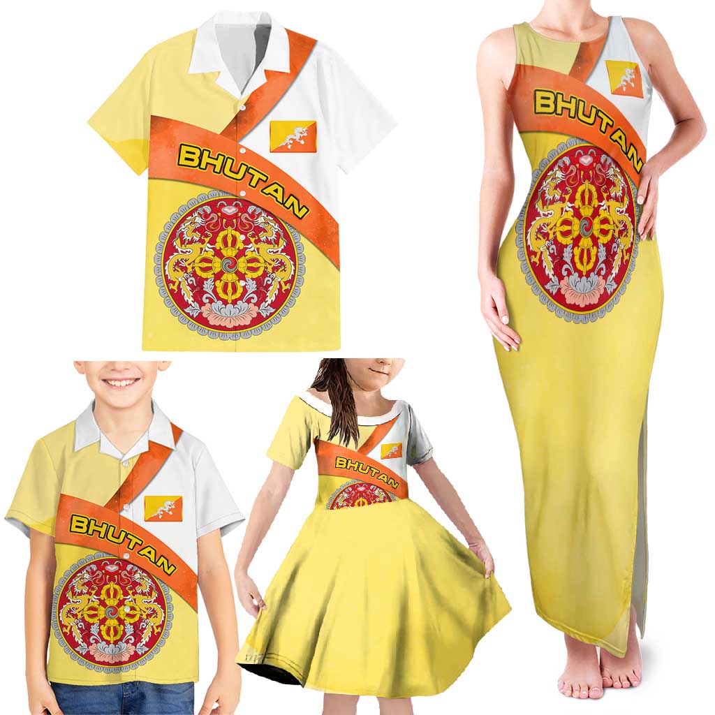 Bhutan Mandala Heritage Family Matching Tank Maxi Dress and Hawaiian Shirt with National Flag Colors