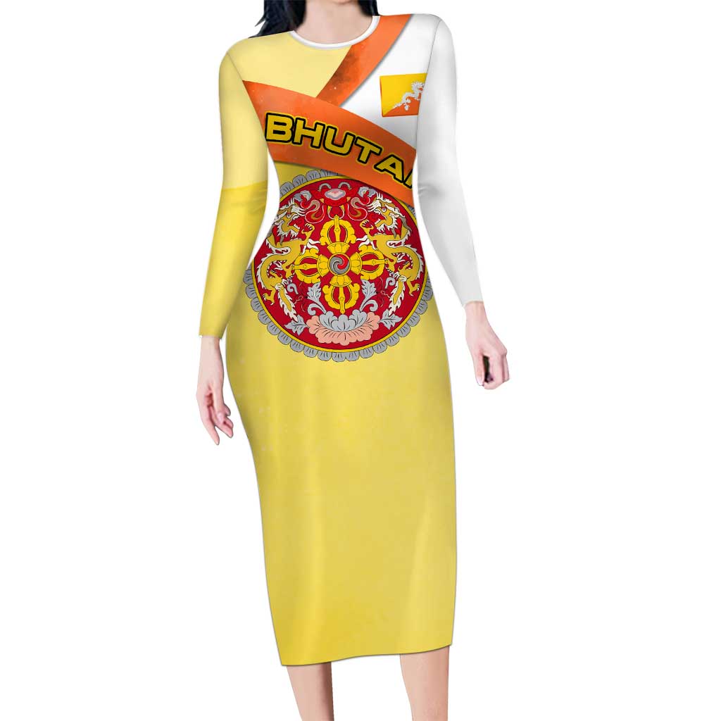 Bhutan Mandala Heritage Long Sleeve Bodycon Dress with National Flag Colors
