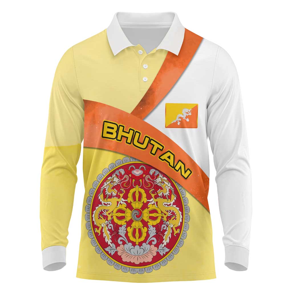 Bhutan Mandala Heritage Long Sleeve Polo Shirt with National Flag Colors