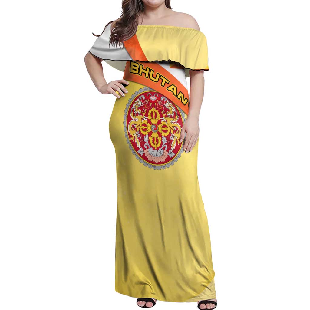 Bhutan Mandala Heritage Off Shoulder Maxi Dress with National Flag Colors