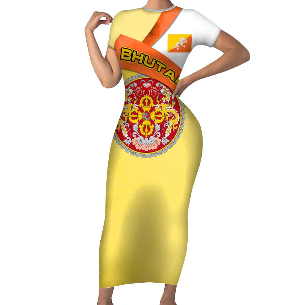 Bhutan Mandala Heritage Short Sleeve Bodycon Dress with National Flag Colors