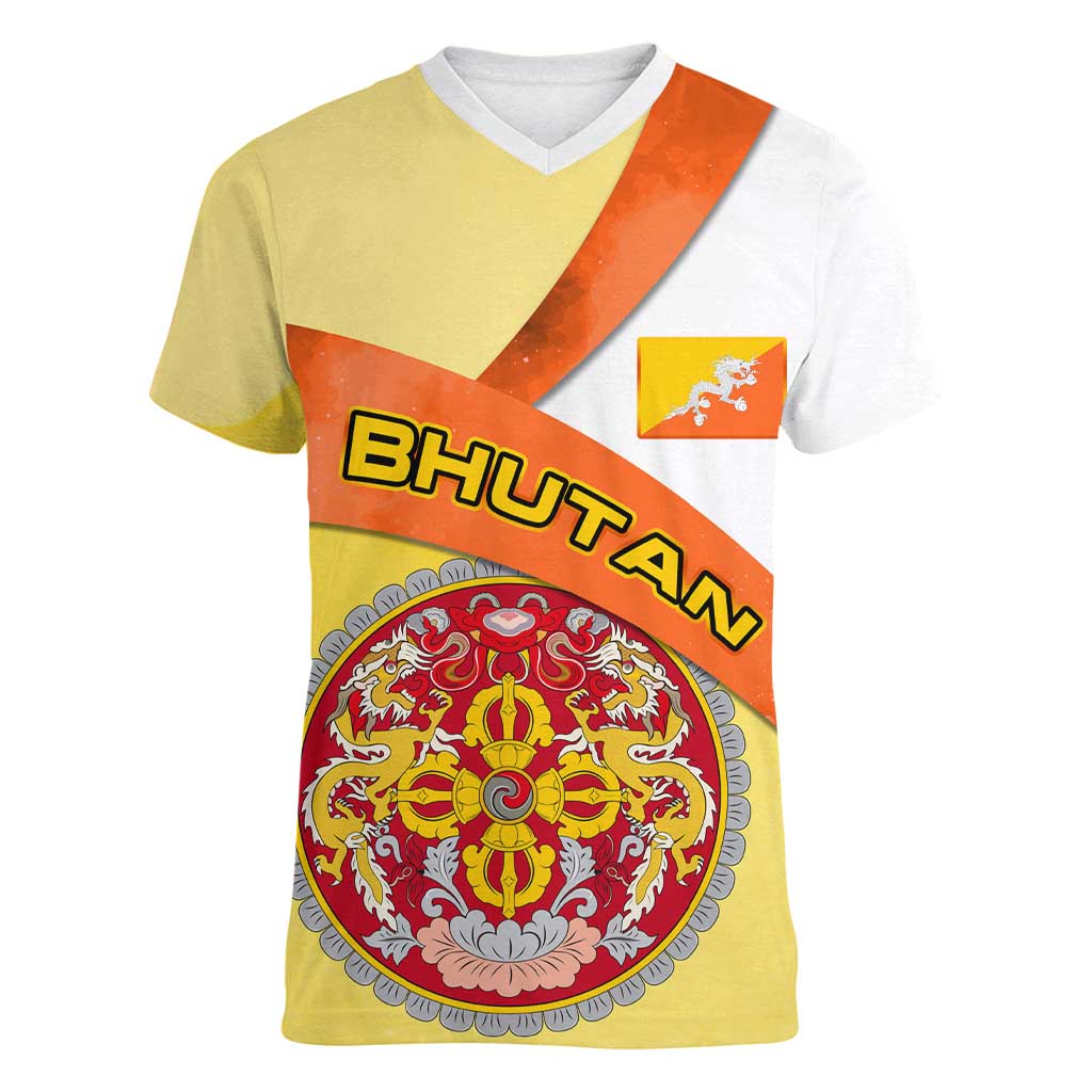 Bhutan Mandala Heritage Women V-Neck T-Shirt with National Flag Colors