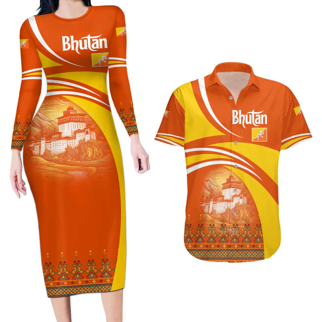 Bhutan Heritage Couples Matching Long Sleeve Bodycon Dress and Hawaiian Shirt with Paro Monastery and Druk Dragon