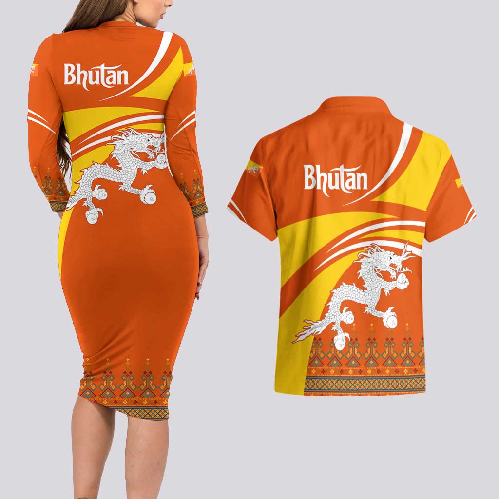 Bhutan Heritage Couples Matching Long Sleeve Bodycon Dress and Hawaiian Shirt with Paro Monastery and Druk Dragon
