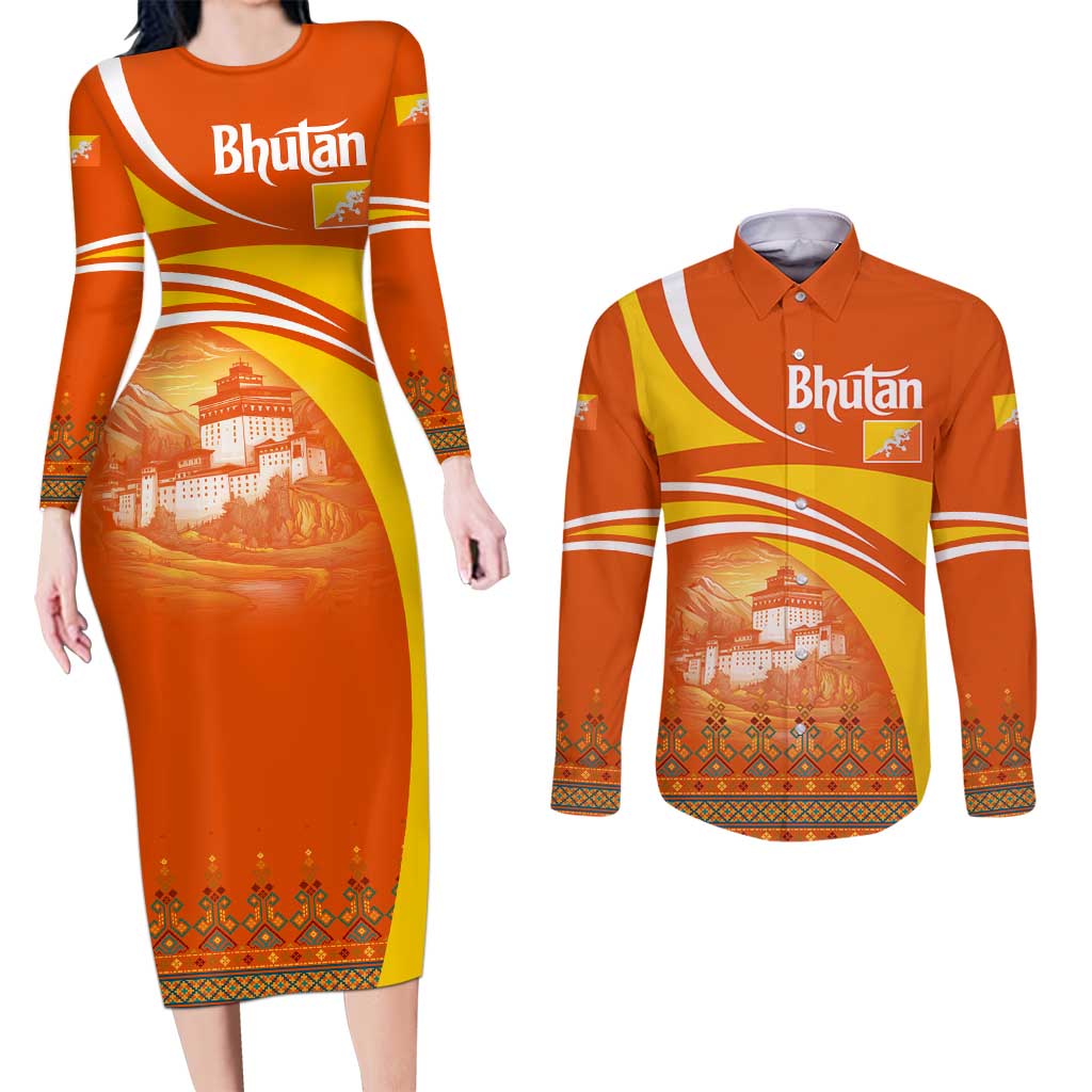 Bhutan Heritage Couples Matching Long Sleeve Bodycon Dress and Long Sleeve Button Shirt with Paro Monastery and Druk Dragon