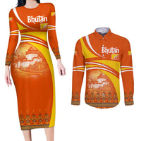 Bhutan Heritage Couples Matching Long Sleeve Bodycon Dress and Long Sleeve Button Shirt with Paro Monastery and Druk Dragon