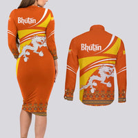 Bhutan Heritage Couples Matching Long Sleeve Bodycon Dress and Long Sleeve Button Shirt with Paro Monastery and Druk Dragon