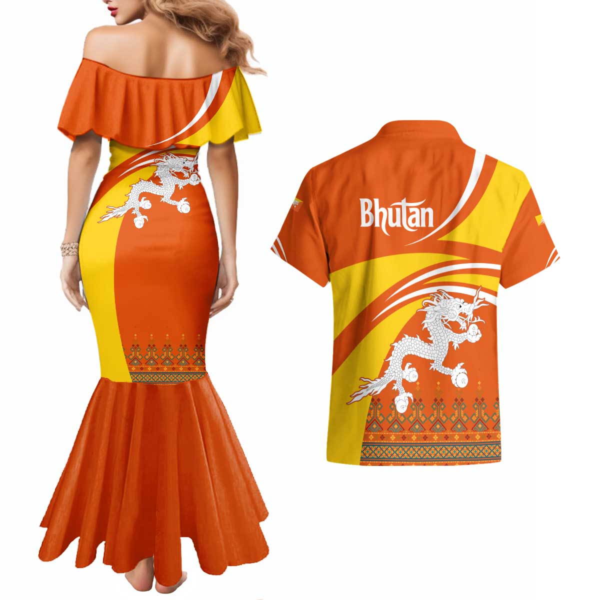Bhutan Heritage Couples Matching Mermaid Dress and Hawaiian Shirt with Paro Monastery and Druk Dragon