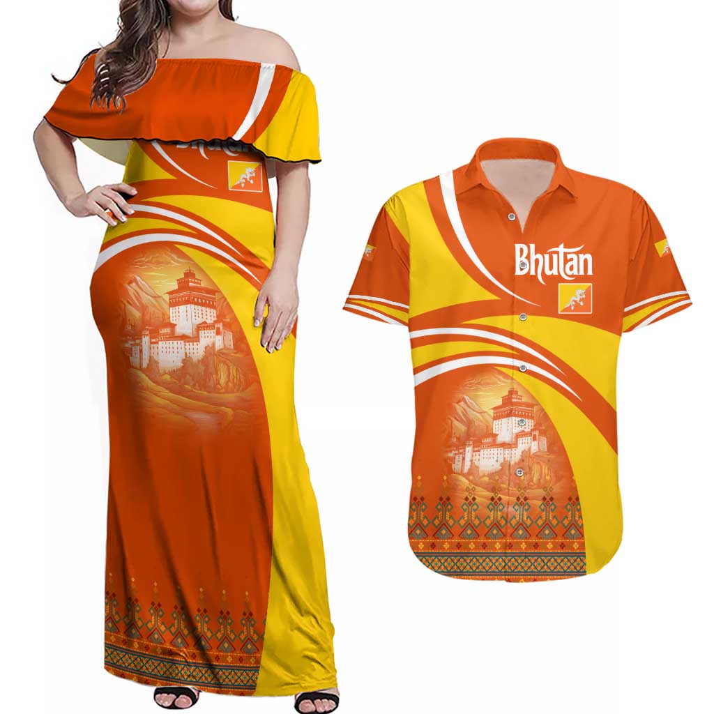 Bhutan Heritage Couples Matching Off Shoulder Maxi Dress and Hawaiian Shirt with Paro Monastery and Druk Dragon