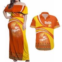 Bhutan Heritage Couples Matching Off Shoulder Maxi Dress and Hawaiian Shirt with Paro Monastery and Druk Dragon
