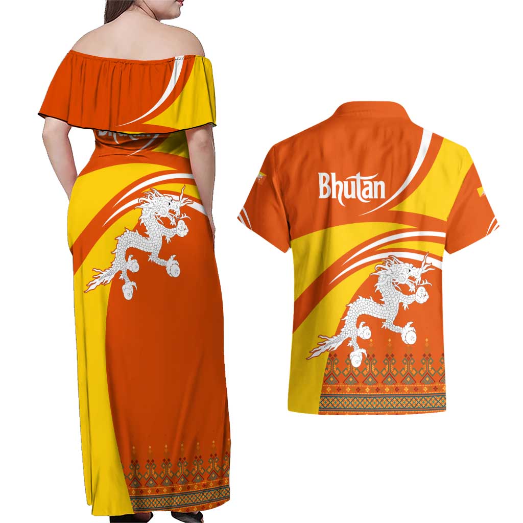 Bhutan Heritage Couples Matching Off Shoulder Maxi Dress and Hawaiian Shirt with Paro Monastery and Druk Dragon