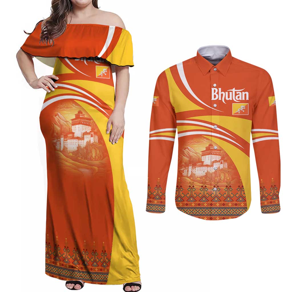 Bhutan Heritage Couples Matching Off Shoulder Maxi Dress and Long Sleeve Button Shirt with Paro Monastery and Druk Dragon