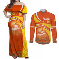Bhutan Heritage Couples Matching Off Shoulder Maxi Dress and Long Sleeve Button Shirt with Paro Monastery and Druk Dragon