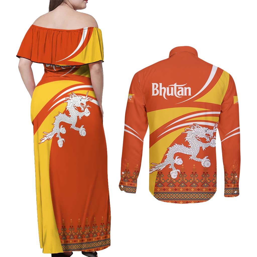 Bhutan Heritage Couples Matching Off Shoulder Maxi Dress and Long Sleeve Button Shirt with Paro Monastery and Druk Dragon