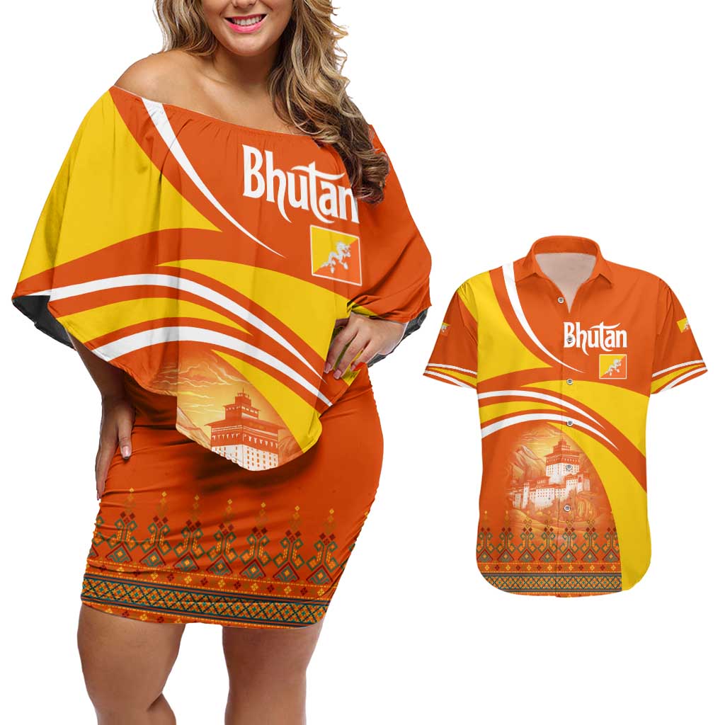 Bhutan Heritage Couples Matching Off Shoulder Short Dress and Hawaiian Shirt with Paro Monastery and Druk Dragon