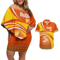 Bhutan Heritage Couples Matching Off Shoulder Short Dress and Hawaiian Shirt with Paro Monastery and Druk Dragon