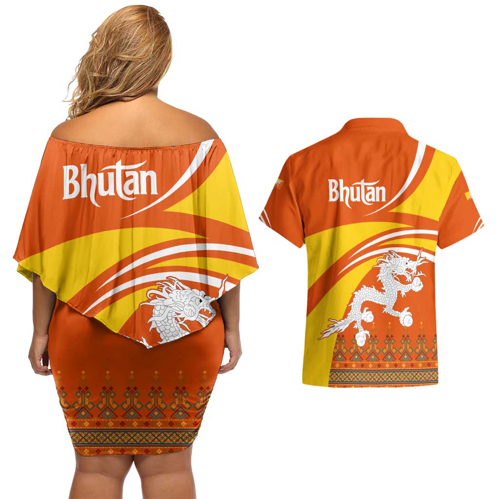 Bhutan Heritage Couples Matching Off Shoulder Short Dress and Hawaiian Shirt with Paro Monastery and Druk Dragon