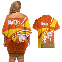 Bhutan Heritage Couples Matching Off Shoulder Short Dress and Hawaiian Shirt with Paro Monastery and Druk Dragon