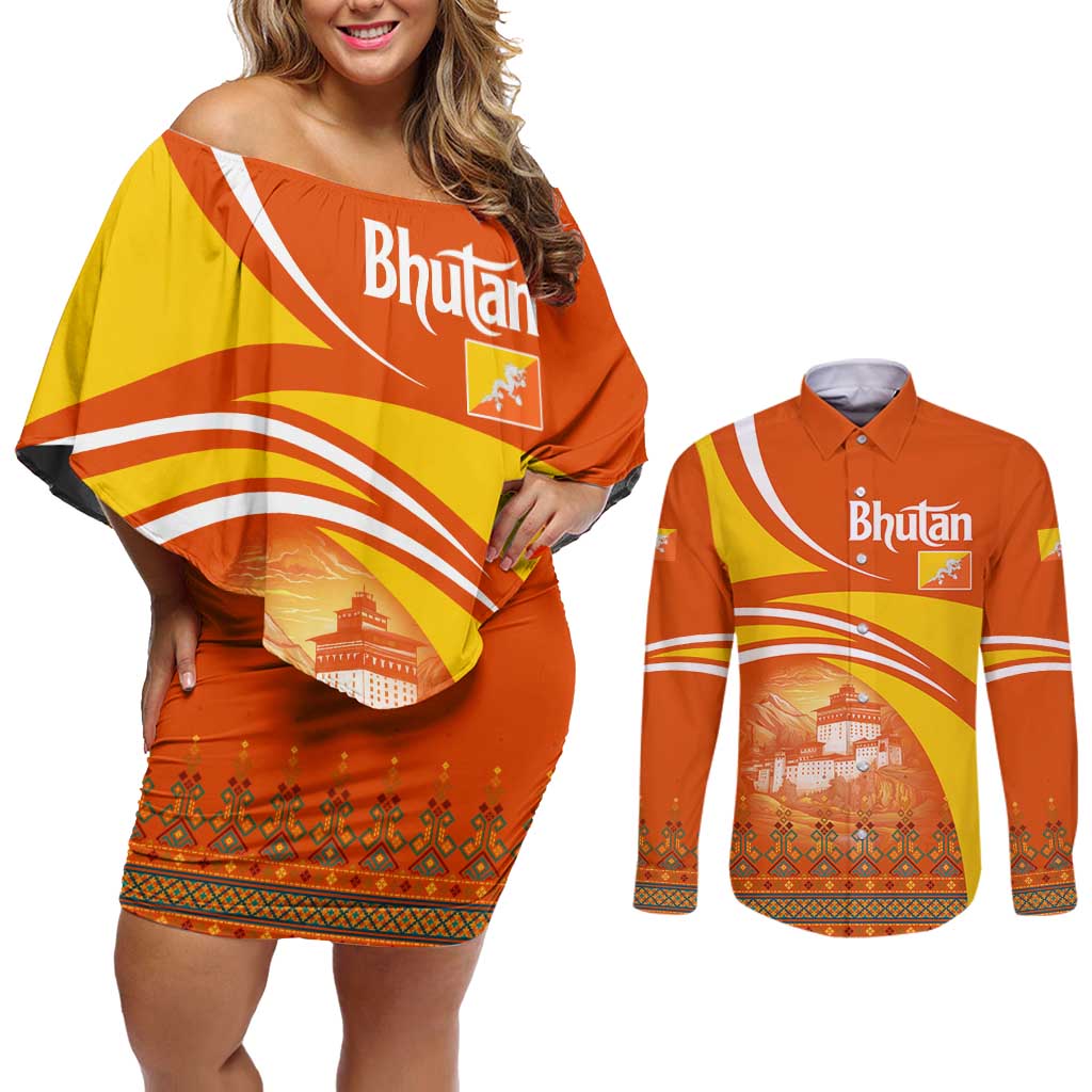 Bhutan Heritage Couples Matching Off Shoulder Short Dress and Long Sleeve Button Shirt with Paro Monastery and Druk Dragon