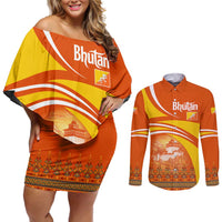 Bhutan Heritage Couples Matching Off Shoulder Short Dress and Long Sleeve Button Shirt with Paro Monastery and Druk Dragon