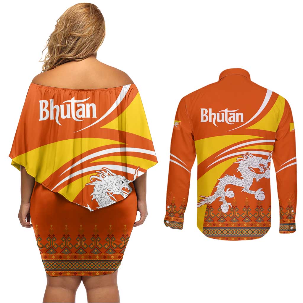 Bhutan Heritage Couples Matching Off Shoulder Short Dress and Long Sleeve Button Shirt with Paro Monastery and Druk Dragon