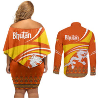 Bhutan Heritage Couples Matching Off Shoulder Short Dress and Long Sleeve Button Shirt with Paro Monastery and Druk Dragon