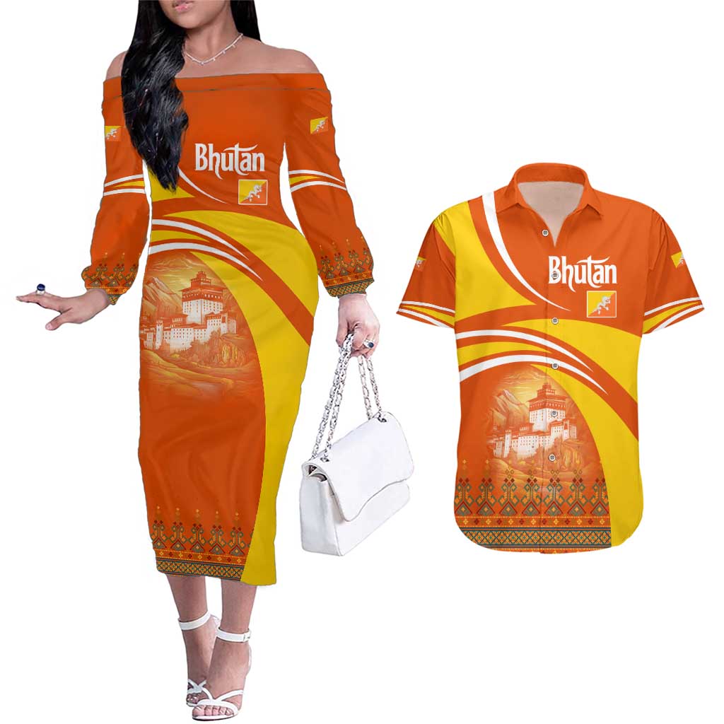 Bhutan Heritage Couples Matching Off The Shoulder Long Sleeve Dress and Hawaiian Shirt with Paro Monastery and Druk Dragon