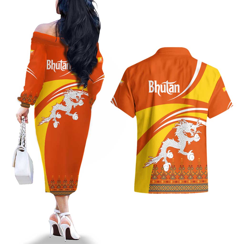 Bhutan Heritage Couples Matching Off The Shoulder Long Sleeve Dress and Hawaiian Shirt with Paro Monastery and Druk Dragon