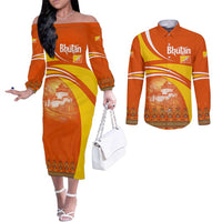Bhutan Heritage Couples Matching Off The Shoulder Long Sleeve Dress and Long Sleeve Button Shirt with Paro Monastery and Druk Dragon