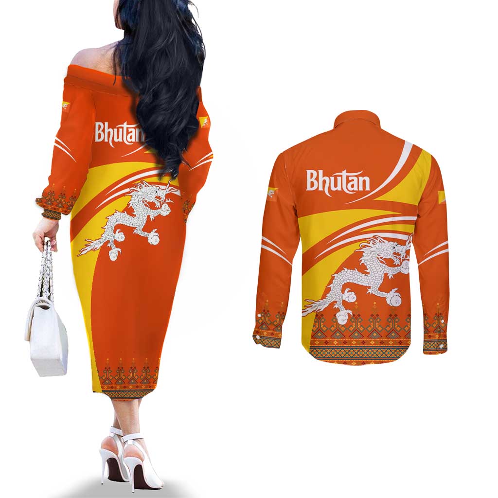 Bhutan Heritage Couples Matching Off The Shoulder Long Sleeve Dress and Long Sleeve Button Shirt with Paro Monastery and Druk Dragon