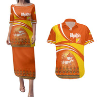 Bhutan Heritage Couples Matching Puletasi and Hawaiian Shirt with Paro Monastery and Druk Dragon