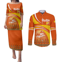 Bhutan Heritage Couples Matching Puletasi and Long Sleeve Button Shirt with Paro Monastery and Druk Dragon