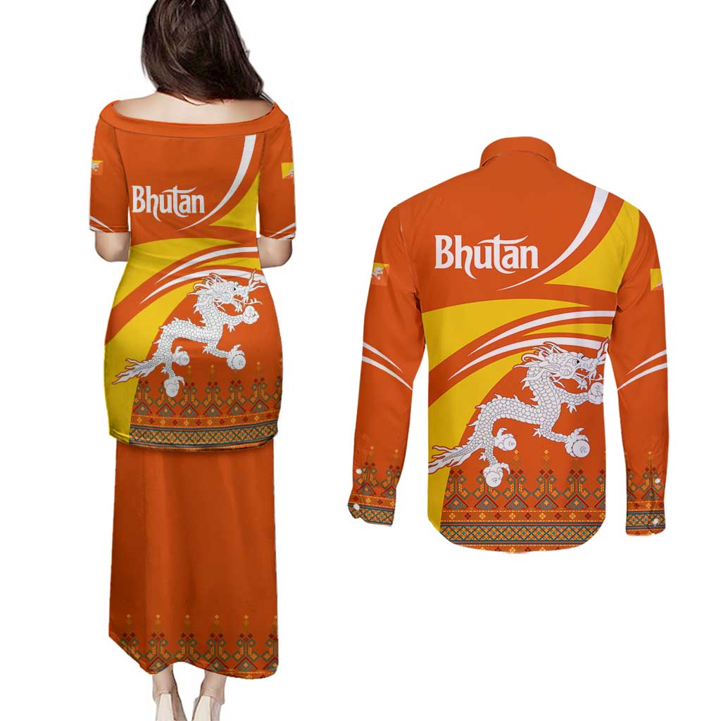 Bhutan Heritage Couples Matching Puletasi and Long Sleeve Button Shirt with Paro Monastery and Druk Dragon