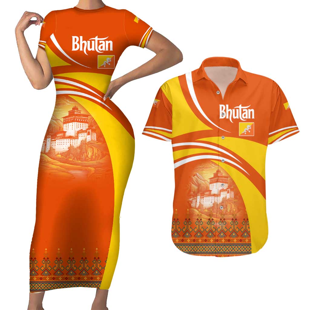 Bhutan Heritage Couples Matching Short Sleeve Bodycon Dress and Hawaiian Shirt with Paro Monastery and Druk Dragon