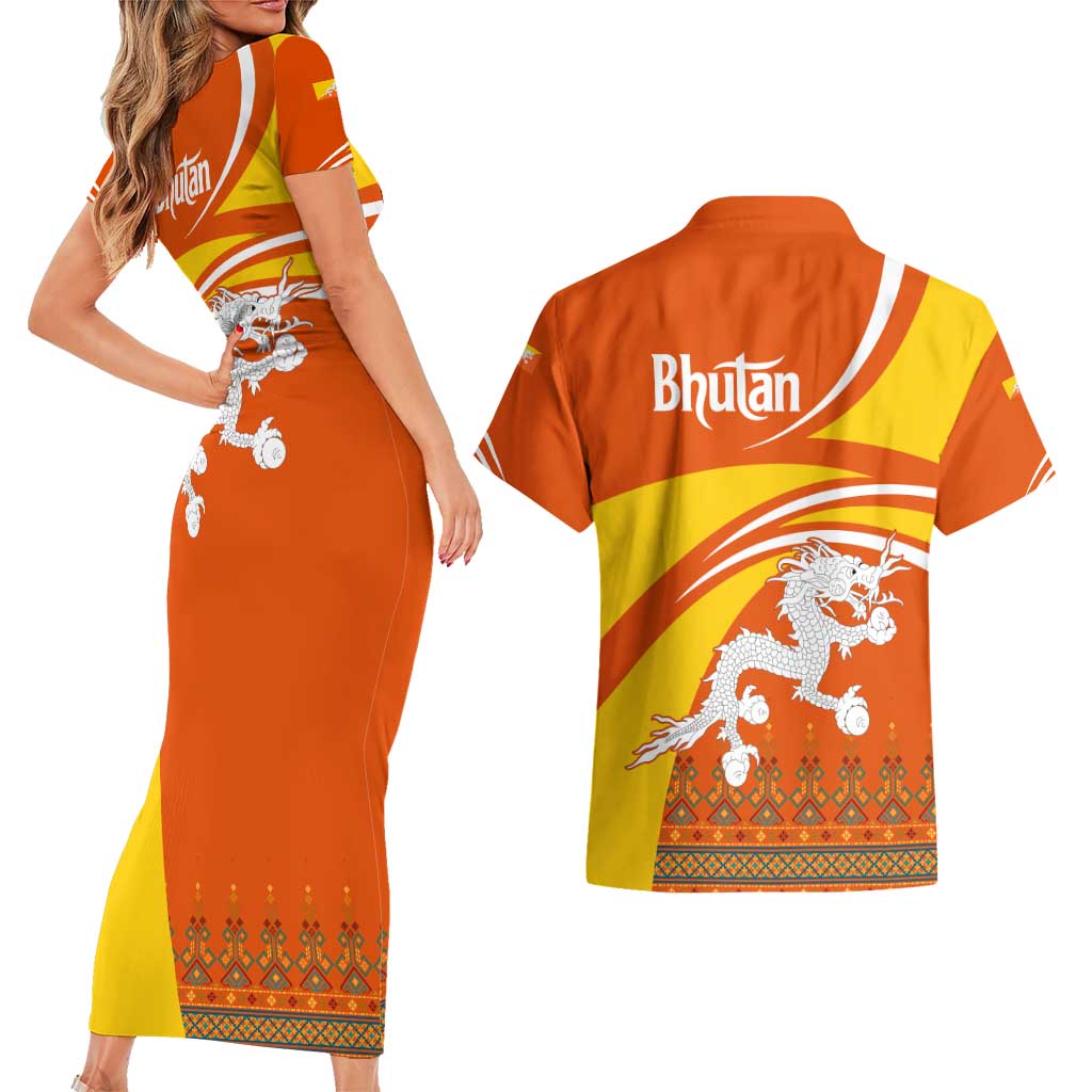 Bhutan Heritage Couples Matching Short Sleeve Bodycon Dress and Hawaiian Shirt with Paro Monastery and Druk Dragon