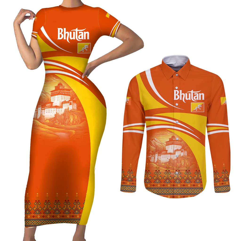 Bhutan Heritage Couples Matching Short Sleeve Bodycon Dress and Long Sleeve Button Shirt with Paro Monastery and Druk Dragon