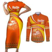 Bhutan Heritage Couples Matching Short Sleeve Bodycon Dress and Long Sleeve Button Shirt with Paro Monastery and Druk Dragon
