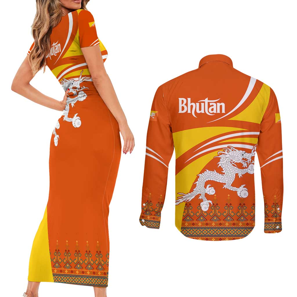 Bhutan Heritage Couples Matching Short Sleeve Bodycon Dress and Long Sleeve Button Shirt with Paro Monastery and Druk Dragon
