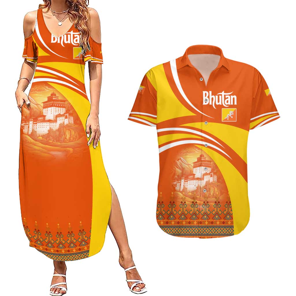 Bhutan Heritage Couples Matching Summer Maxi Dress and Hawaiian Shirt with Paro Monastery and Druk Dragon