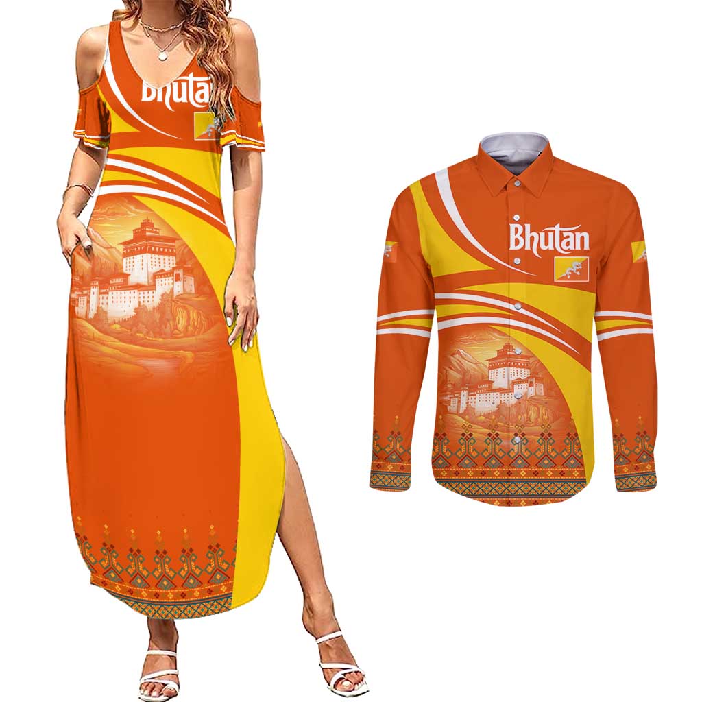 Bhutan Heritage Couples Matching Summer Maxi Dress and Long Sleeve Button Shirt with Paro Monastery and Druk Dragon