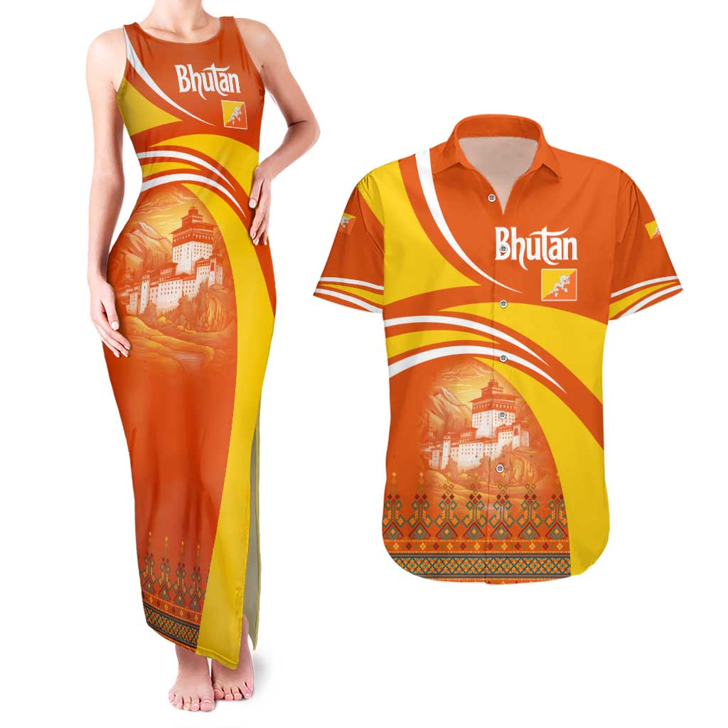 Bhutan Heritage Couples Matching Tank Maxi Dress and Hawaiian Shirt with Paro Monastery and Druk Dragon