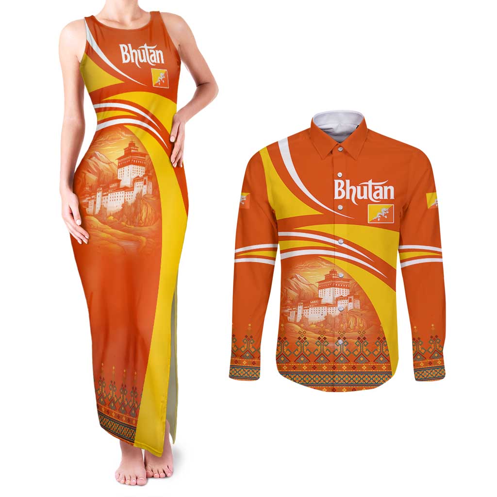 Bhutan Heritage Couples Matching Tank Maxi Dress and Long Sleeve Button Shirt with Paro Monastery and Druk Dragon