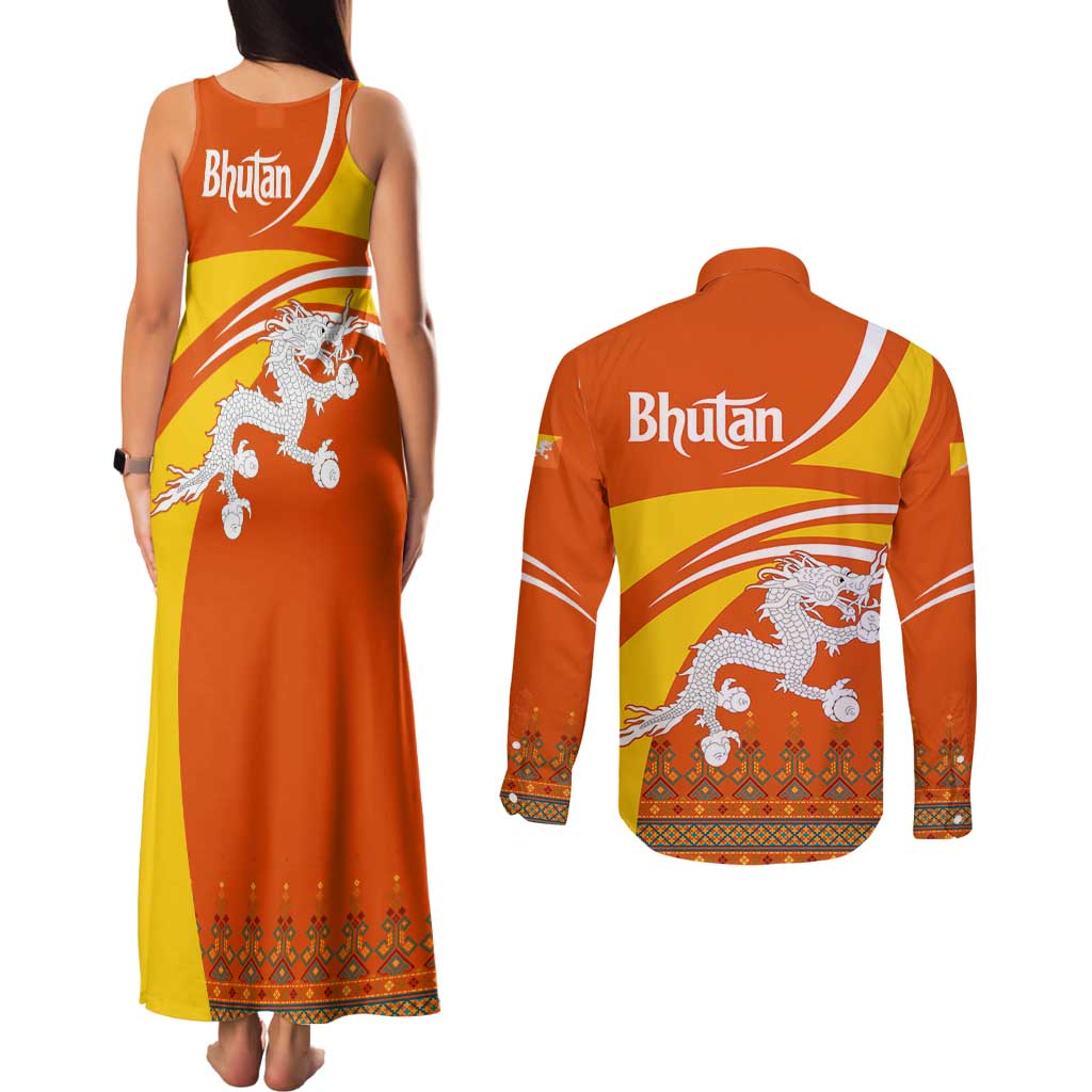 Bhutan Heritage Couples Matching Tank Maxi Dress and Long Sleeve Button Shirt with Paro Monastery and Druk Dragon
