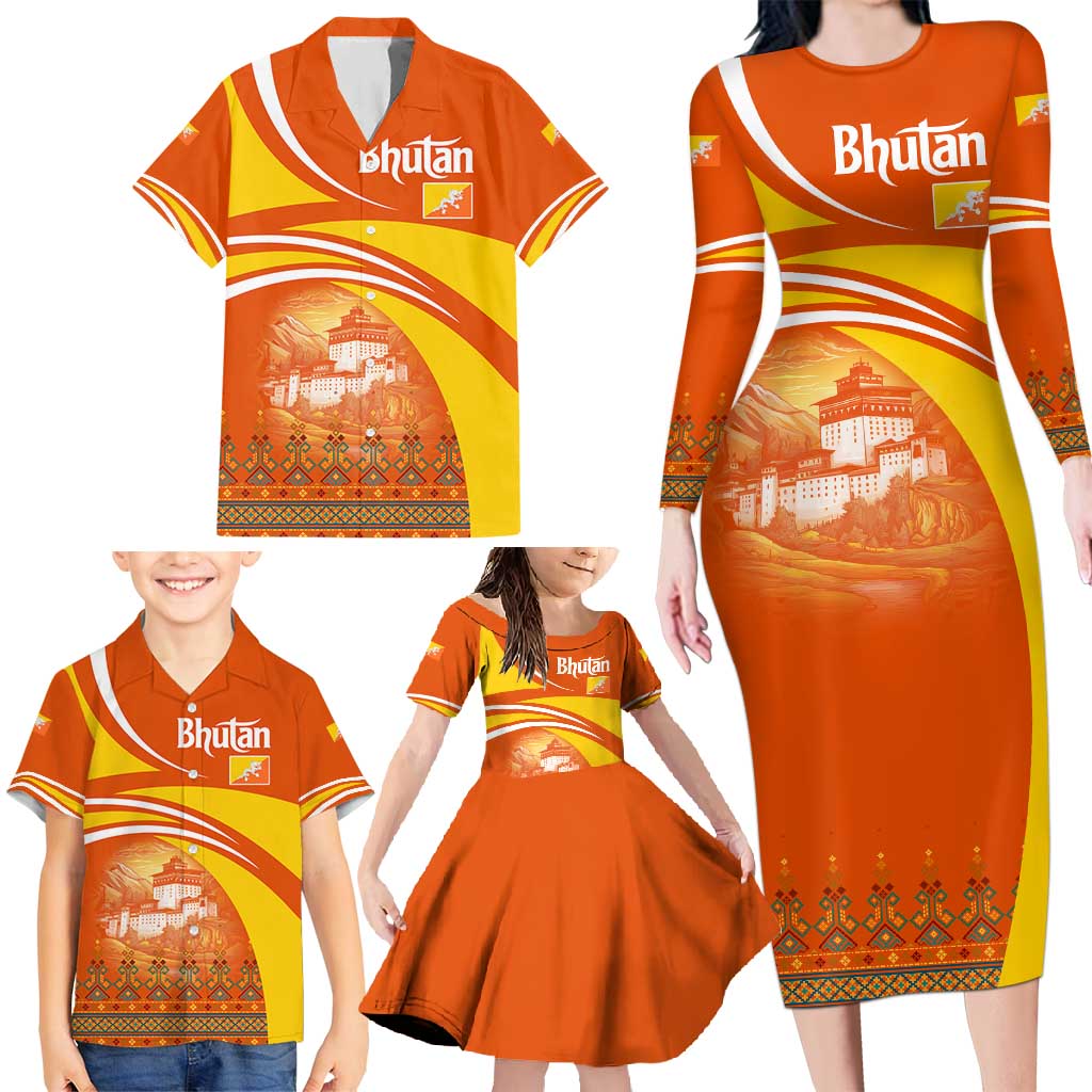 Bhutan Heritage Family Matching Long Sleeve Bodycon Dress and Hawaiian Shirt with Paro Monastery and Druk Dragon